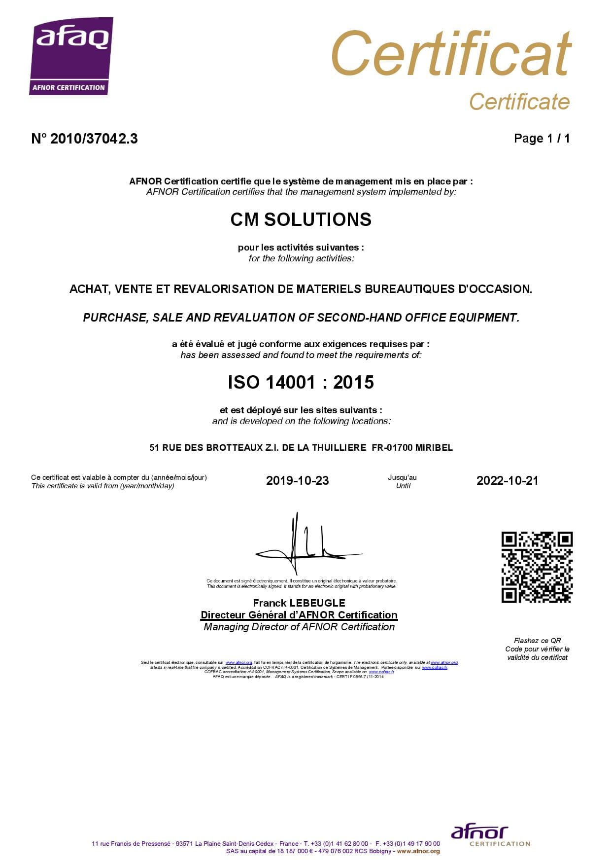 certificate ISO  14001 CM Solutions