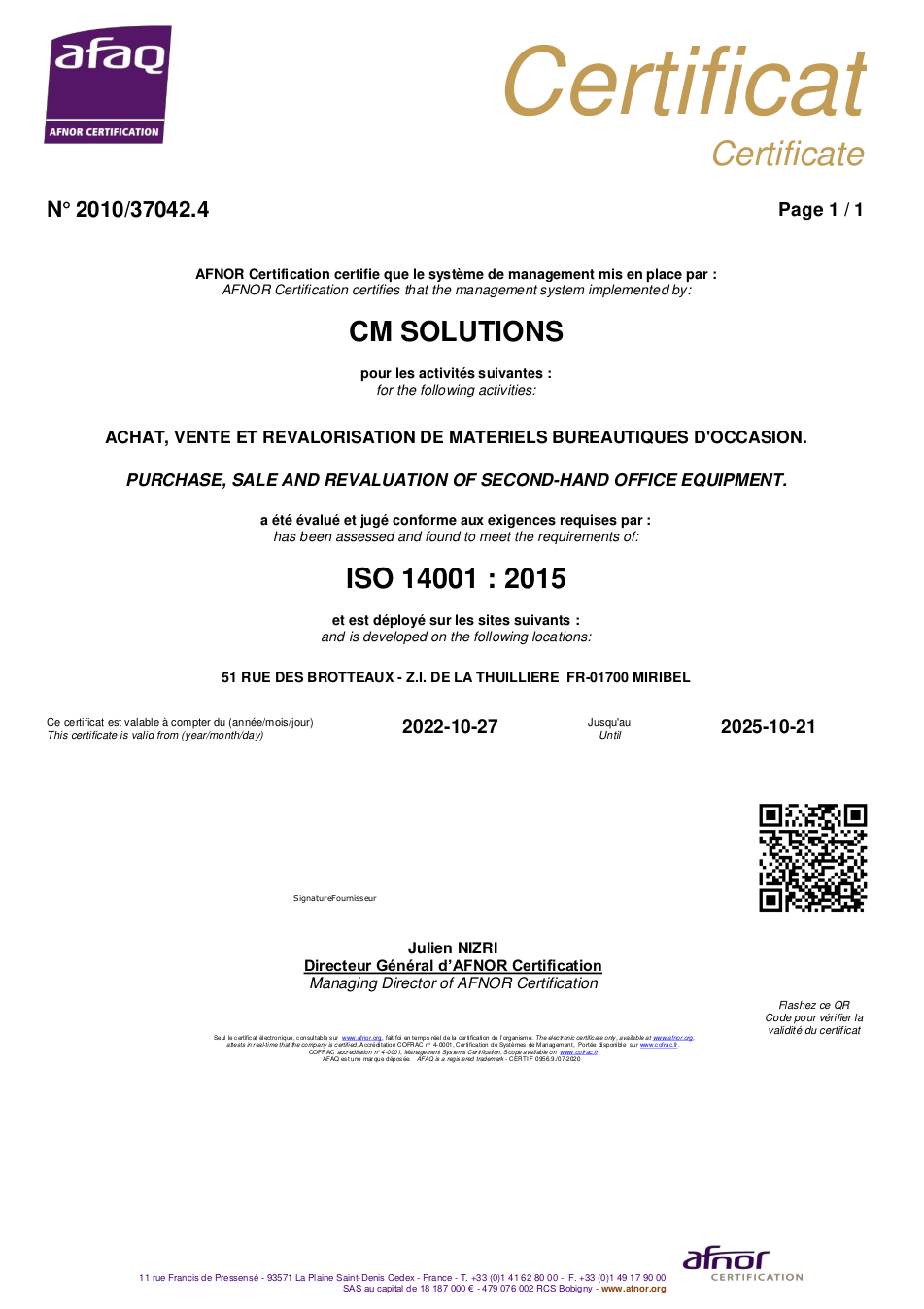 certificate ISO  14001 CM Solutions